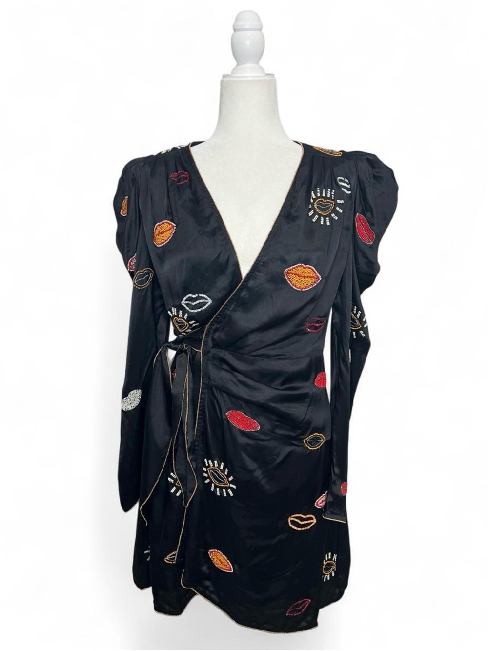 NWT FARM Rio Beaded Kisses wrap minidress in black - Picture 5 of 11